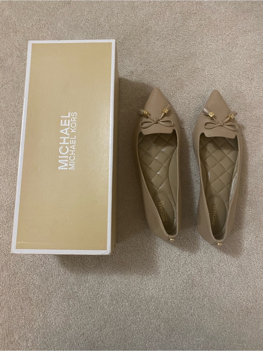 Michael Kors Taupe Pointed-Toe Ballet Flats with Bow & Gold Accents